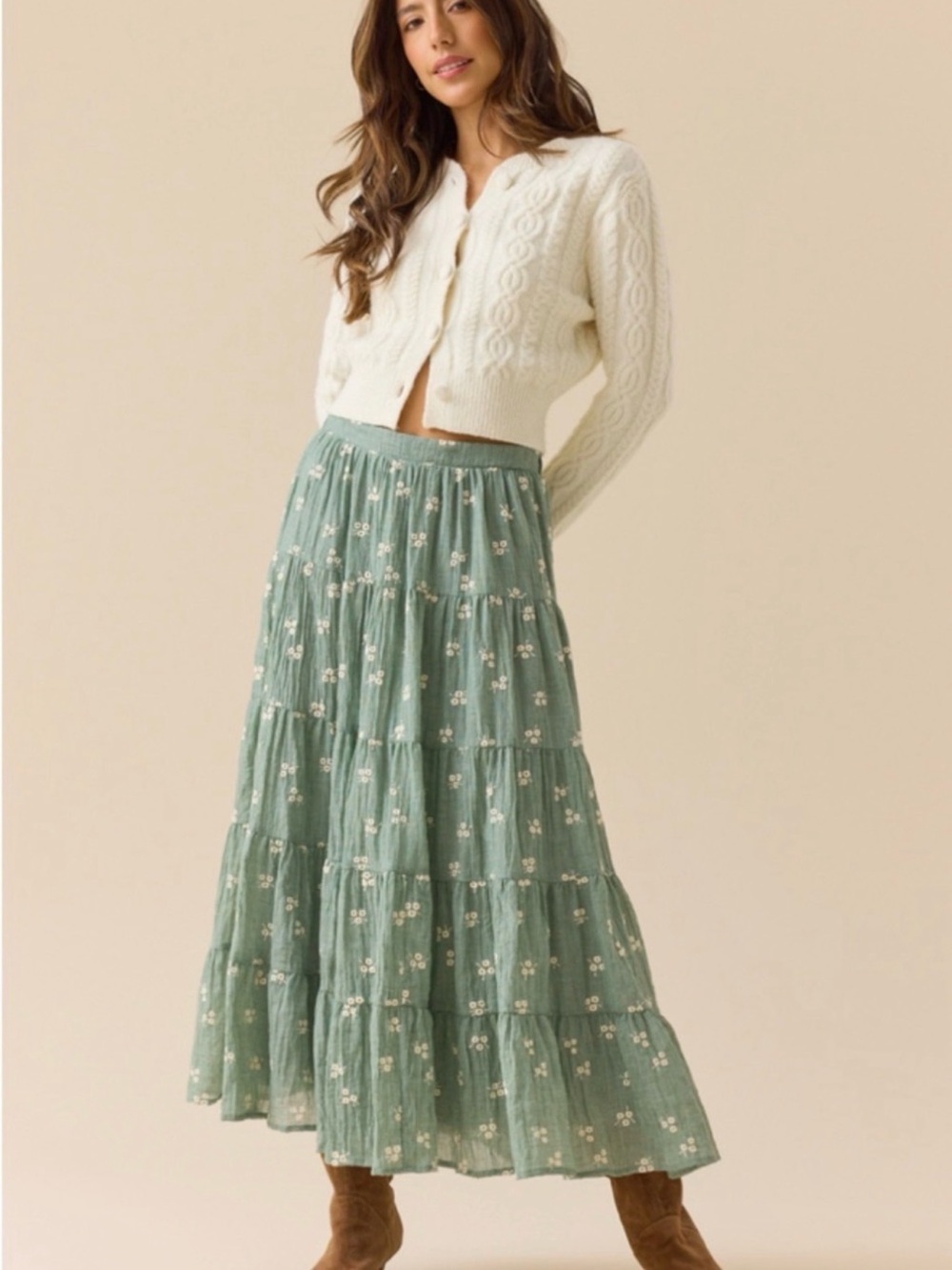 Altar'd State Sage Green Floral Tiered Maxi Skirt - Picture 2 of 5